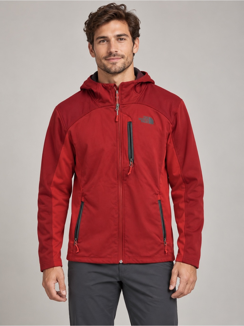 The North Face Men’s M Red Hooded Softshell Jacket Full Zip 3 Zip Pockets.